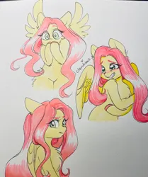 Size: 2594x3098 | Tagged: safe, artist:cherubisous, derpibooru import, fluttershy, pegasus, pony, g4, blushing, cute, eye clipping through hair, eyebrows, eyebrows visible through hair, female, grin, high res, image, jpeg, looking at you, mare, multeity, partially open wings, shy, shy smile, shyabetes, signature, smiling, solo, spread wings, surprised, traditional art, wings