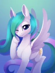 Size: 1485x1959 | Tagged: safe, artist:dusthiel, derpibooru import, princess celestia, alicorn, pony, g4, cute, cutelestia, female, image, looking at you, mare, one eye closed, png, smiling, solo, spread wings, underhoof, wings, wink, winking at you