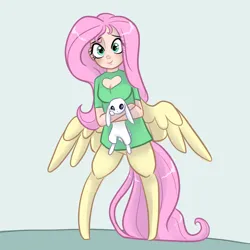 Size: 768x768 | Tagged: safe, artist:smirk, derpibooru import, angel bunny, fluttershy, rabbit, satyr, g4, animal, clothes, cute, duo, female, image, looking at you, male, png, satyrized, shirt, shyabetes, simple background