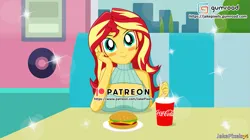 Size: 1197x668 | Tagged: suggestive, artist:jakepixels, derpibooru import, sunset shimmer, human, equestria girls, g4, blushing, boob window, breasts, burger, busty sunset shimmer, cafeteria, cleavage, clothes, coca-cola, date, drink, female, food, gumroad, gumroad logo, hamburger, image, looking at you, open-chest sweater, patreon, patreon logo, png, product placement, smiling, smiling at you, soda, solo, solo female, sweater, wallpaper