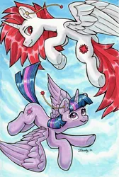 Size: 1799x2676 | Tagged: safe, artist:dandy, derpibooru import, twilight sparkle, twilight sparkle (alicorn), oc, oc:ryoku memori, alicorn, pony, g4, alicorn oc, butt, commission, copic, duo, ear fluff, ear piercing, earring, flying, horn, image, jewelry, looking at each other, looking at someone, piercing, plot, png, sky, traditional art, wings