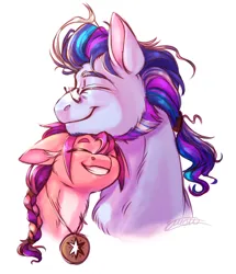 Size: 1224x1421 | Tagged: safe, artist:notsosmartsmarty, derpibooru import, sunny starscout, earth pony, pony, g5, spoiler:g5, argyle starshine, bust, cuddling, duo, eyes closed, father and child, father and daughter, female, handsome, image, jewelry, looking at each other, male, pendant, png, portrait, simple background, smiling, smiling at each other, sternocleidomastoid, white background