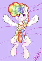 Size: 1700x2448 | Tagged: safe, artist:bydena, derpibooru import, pony, unicorn, bed, clothes, femboy, femboy hooters, horn, hug, image, male, multicolored hair, on bed, panties, png, purple background, purple eyes, rainbow hair, shirt, simple background, socks, solo, t-shirt, underwear