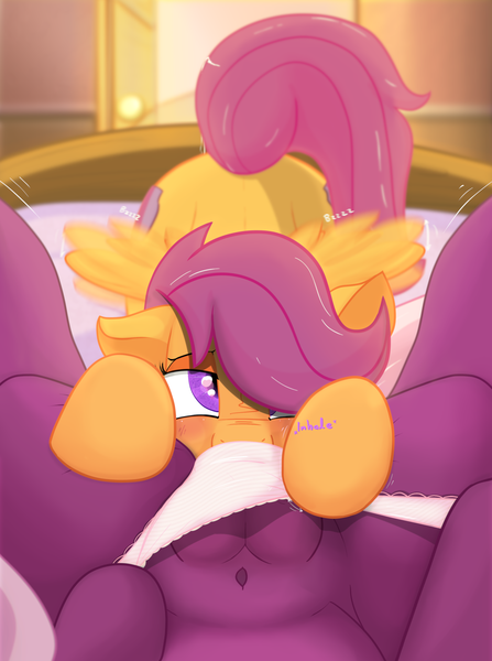 Size: 1608x2160 | Tagged: questionable, alternate version, artist:glutenfree_texmex, derpibooru import, cheerilee, scootaloo, earth pony, pegasus, pony, g4, age difference, ass up, bed, bedroom, bedroom eyes, belly button, blushing, both cutie marks, buzzing wings, clothes, crotchboobs, cutie mark, derpibooru exclusive, female, fetish, filly, filly on mare, foalcon, image, legs in air, lesbian, mare, nudity, offscreen character, olfactophilia, panties, panty pull, panty sniffing, pink panties, png, pov, raised tail, ship:cheeriloo, shipping, striped underwear, tail, tail trail, the cmc's cutie marks, underage, underwear, underwear sniffing, vaginal secretions, wingding eyes, wings