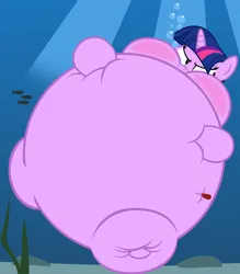 Size: 2054x2343 | Tagged: suggestive, artist:navitaserussirus, derpibooru import, twilight sparkle, fish, pony, unicorn, g4, blushing, body inflation, bubble, high res, image, inflation, png, puffy cheeks, show accurate, solo, swollen, underwater, unicorn twilight, water