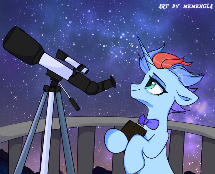 Size: 1580x1280 | Tagged: safe, artist:memengla, derpibooru import, oc, unofficial characters only, pony, unicorn, bowtie, clipboard, floppy ears, image, night, png, sky, solo, stars, telescope