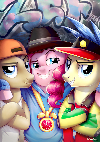 Size: 595x842 | Tagged: safe, artist:yulyeen, derpibooru import, doctor whooves, goldengrape, pinkie pie, red delicious, sir colton vines iii, time turner, earth pony, pony, g4, testing testing 1-2-3, apple family member, backwards ballcap, baseball cap, cap, clothes, female, hat, image, jpeg, male, mare, rap, rapper pie, smiling, stallion, tanktop