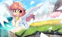 Size: 2688x1589 | Tagged: safe, artist:colorfulcolor233, derpibooru import, oc, oc:芳棠, unofficial characters only, pegasus, pony, bowtie, commission, female, flying, forest, glasses, image, jpeg, open mouth, open smile, river, scenery, smiling, solo, tree, water