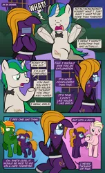 Size: 1920x3168 | Tagged: safe, artist:alexdti, derpibooru import, oc, oc:emerald grace, oc:heart struck, oc:purple creativity, oc:star logic, unofficial characters only, bat pony, pegasus, pony, unicorn, comic:quest for friendship, bat pony oc, bat wings, blushing, bowtie, comic, dialogue, dot eyes, eyes closed, fangs, female, floppy ears, folded wings, giggling, glasses, hair over one eye, high res, hooves, horn, image, jpeg, lidded eyes, looking at each other, looking at someone, looking up, male, mare, misspelling, narrowed eyes, open mouth, open smile, outdoors, pegasus oc, raised hoof, raised leg, sitting, smiling, speech bubble, stallion, standing, two toned mane, underhoof, unicorn oc, wall of tags, wings, yelling