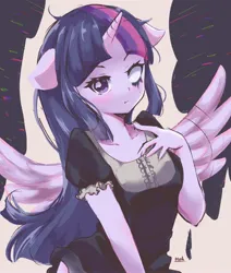 Size: 1816x2140 | Tagged: safe, artist:moh_mlp2, derpibooru import, twilight sparkle, human, equestria girls, g4, eyebrows, eyebrows visible through hair, female, horn, image, jpeg, looking at you, pony ears, solo, spread wings, white eyes, wings