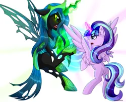 Size: 5000x4065 | Tagged: safe, artist:stesha, derpibooru import, queen chrysalis, starlight glimmer, alicorn, changeling, changeling queen, pony, g4, alicornified, butt, commission, crown, duel, duo, female, fight, flying, hoof shoes, image, jewelry, looking at each other, looking at someone, magic, magic aura, mare, open mouth, plot, png, race swap, rearing, regalia, s5 starlight, simple background, spread wings, starlicorn, starlight vs chrysalis, vs, white background, wings, xk-class end-of-the-world scenario