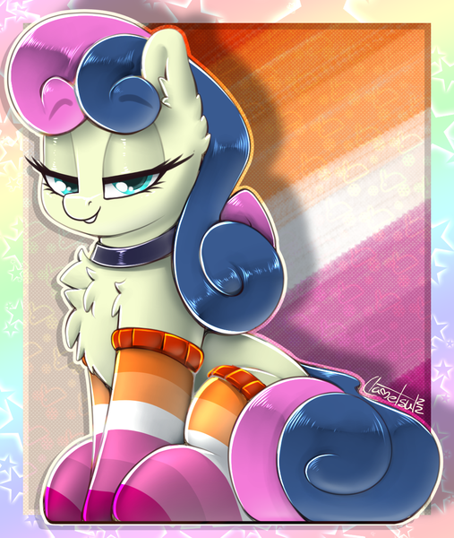 Size: 986x1168 | Tagged: safe, artist:llametsul, derpibooru import, bon bon, sweetie drops, earth pony, pony, g4, adorabon, atg 2022, chest fluff, choker, clothes, cute, ear fluff, female, image, lesbian, lesbian pride flag, lidded eyes, looking at you, mare, newbie artist training grounds, png, pride, pride flag, signature, sitting, smiling, socks, solo, stockings, thigh highs