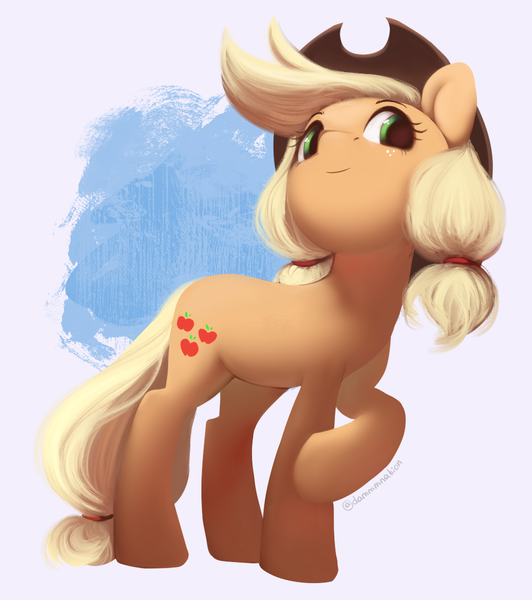 Size: 1064x1200 | Tagged: safe, artist:dammmnation, derpibooru import, applejack, earth pony, pony, g4, alternate hairstyle, cute, image, jackabetes, pigtails, png, solo, twintails