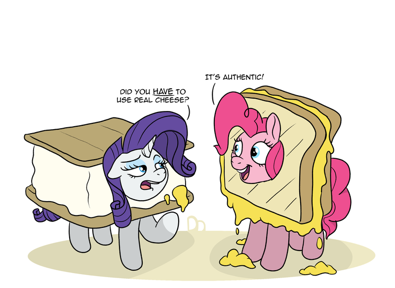 Size: 2913x2128 | Tagged: safe, artist:doodledonutart, derpibooru import, part of a set, pinkie pie, rarity, earth pony, pony, unicorn, g4, cheese, clothes, commission, costume, dialogue, duo, duo female, female, food, food costume, grilled cheese, grilled cheese costume, grilled cheese sandwich, grilled cheese sandwich costume, high res, image, implied cheese sandwich, open mouth, open smile, png, rarity is a marshmallow, s'mores, s'mores costume, sandwich, sandwich costume, simple background, smiling, white background