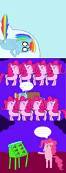 Size: 1518x3948 | Tagged: safe, artist:penelopehamuchan, derpibooru import, pinkie pie, rainbow dash, earth pony, pegasus, pony, g4, big snooze, bipedal, clone, comic, eyes closed, female, image, looney tunes, mare, multeity, pinkie clone, png, too much pink energy is dangerous