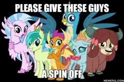 Size: 600x400 | Tagged: safe, artist:cheezedoodle96, derpibooru import, edit, gallus, ocellus, sandbar, silverstream, smolder, yona, changedling, changeling, classical hippogriff, dragon, earth pony, gryphon, hippogriff, pony, yak, g4, :p, bow, caption, cloven hooves, colored hooves, dragoness, female, hair bow, image, image macro, jewelry, jpeg, male, memeful.com, monkey swings, necklace, spin off, student six, teenager, text, tongue out