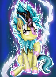 Size: 1023x1400 | Tagged: safe, artist:seki_98, derpibooru import, oc, oc:creamyogurt, unofficial characters only, kirin, aura, crossover, dragon ball, energy, eyebrows, eyebrows visible through hair, glowing mane, image, kirin oc, png, simple background, sitting, smiling, smirk, solo, super saiyan blue