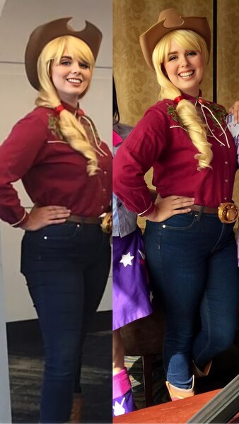 Size: 2304x4096 | Tagged: safe, artist:maddymoiselle, derpibooru import, applejack, human, g4, babscon, babscon 2019, belt, belt buckle, clothes, cosplay, costume, cowgirl, cowgirl outfit, denim, everfree northwest, everfree northwest 2019, image, irl, irl human, jeans, jpeg, pants, photo