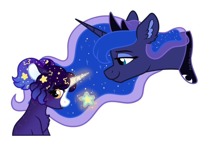 Size: 2350x1650 | Tagged: safe, artist:pink-pone, derpibooru import, princess luna, oc, oc:nova stella, alicorn, pony, unicorn, g4, bald face, blaze (coat marking), blushing, bust, chest fluff, coat markings, colored pinnae, duo, ear fluff, ethereal mane, facial markings, female, filly, foal, gift giving, gingerverse, horn, image, looking at someone, looking away, magic, magic aura, mare, png, profile, simple background, starry mane, telekinesis, transparent background, unicorn oc