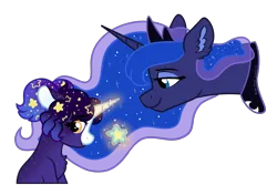 Size: 2350x1650 | Tagged: safe, artist:pink-pone, derpibooru import, princess luna, oc, oc:nova stella, alicorn, pony, unicorn, g4, bald face, blaze (coat marking), blushing, bust, chest fluff, coat markings, colored pinnae, duo, ear fluff, ethereal mane, facial markings, female, filly, foal, gift giving, gingerverse, horn, image, looking at someone, looking away, magic, magic aura, mare, png, profile, simple background, starry mane, telekinesis, transparent background, unicorn oc