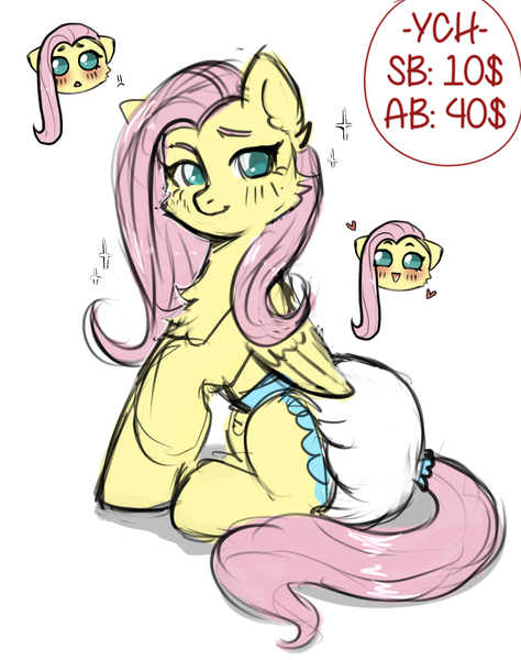 Size: 1689x2137 | Tagged: suggestive, artist:vaiola, derpibooru import, fluttershy, oc, unofficial characters only, pegasus, pony, g4, advertisement, auction, big eyes, blushing, chest fluff, chibi, commission, confident, cute, diaper, diaper fetish, eyebrows, fetish, full body, image, looking at you, non-baby in diaper, png, poofy diaper, simple background, sitting, solo, sparkles, white background, wings, ych example, ych sketch, your character here