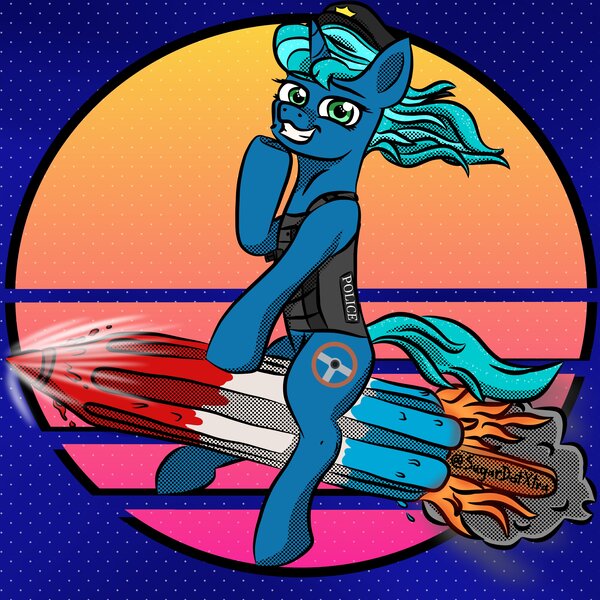 Size: 3120x3120 | Tagged: safe, artist:sugardotxtra, derpibooru import, oc, unofficial characters only, pony, unicorn, bomb pop, commission, food, high res, image, jpeg, police officer, popsicle, retrowave, rocket, ych result