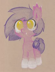 Size: 1730x2247 | Tagged: safe, artist:foxtrot3, derpibooru import, oc, oc:cicada, unofficial characters only, bat pony, pony, bat wings, cute, female, filly, foal, image, jpeg, pink coat, purple hair, solo, thestrali, traditional art, wings, yellow eyes