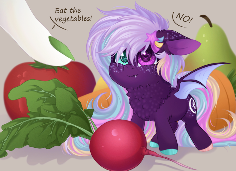 Size: 2200x1600 | Tagged: safe, artist:roselord, derpibooru import, oc, unofficial characters only, bat pony, pony, advertisement, chest fluff, commission, commission info, finger, fluffy, food, fruit, herbivore, heterochromia, image, neck fluff, pear, png, radish, tiny, tiny ponies, tomato, vegetables, ych result