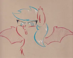 Size: 2481x1974 | Tagged: safe, artist:foxtrot3, derpibooru import, oc, unofficial characters only, bat pony, pony, angry, bat ponified, fangs, image, jpeg, ponysona, race swap, solo, spread wings, traditional art, wings