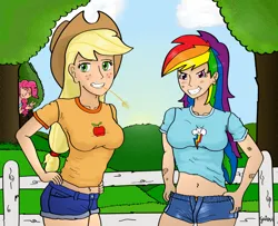 Size: 900x729 | Tagged: dead source, safe, artist:gutovi, derpibooru import, applejack, pinkie pie, rainbow dash, human, g4, 2011, 2012, apple, applejack's hat, bandaid, clothes, cloud, cowboy hat, eyes closed, female, fence, food, freckles, grin, hat, humanized, image, multicolored hair, old art, pants, peace sign, png, rainbow hair, redraw, shirt, signature, sky, smiling, straw in mouth, tree