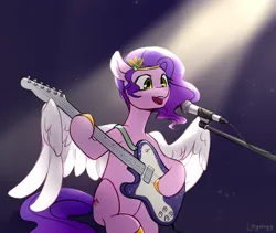 Size: 4928x4167 | Tagged: safe, artist:laymy, derpibooru import, pipp petals, pegasus, pony, g5, crown, electric guitar, female, fender telecaster, guitar, image, jewelry, mare, microphone, musical instrument, open mouth, open smile, png, regalia, signature, singing, sitting, smiling, solo