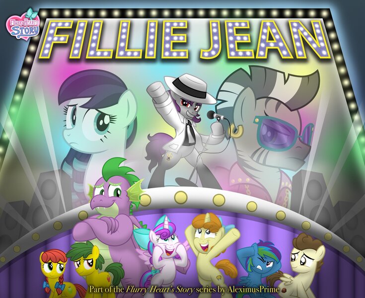 Size: 4096x3342 | Tagged: safe, artist:aleximusprime, derpibooru import, coloratura, knight shade, pound cake, princess flurry heart, pumpkin cake, spike, zeb, oc, oc:annie smith, oc:apple chip, oc:storm streak, alicorn, dragon, earth pony, pegasus, pony, unicorn, zebra, fanfic, fanfic:fillie jean, flurry heart's story, g1, g4, billie jean, bipedal, bow, colt, concert, covering ears, crossed arms, fanfic art, fanfic cover, fangirling, fat, fat spike, female, filly, foal, g1 to g4, generation leap, gritted teeth, hair bow, hat, hooves on cheeks, image, jpeg, male, mare, michael jackson, microphone, microphone stand, necktie, offspring, older, older flurry heart, older pound cake, older pumpkin cake, older spike, one eye closed, open mouth, open smile, parent:applejack, parent:oc:thunderhead, parent:rainbow dash, parent:tex, parents:canon x oc, parents:texjack, smiling, stage, stallion, sunglasses, teeth, text