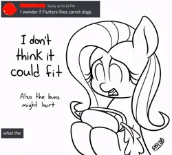 Size: 944x850 | Tagged: suggestive, artist:syscod, derpibooru import, fluttershy, pegasus, pony, g4, carrot, carrot dog, concerned, dialogue, female, food, hoof hold, image, jpeg, looking down, mare, misunderstanding, monochrome, open mouth, painfully innocent fluttershy, simple background, white background