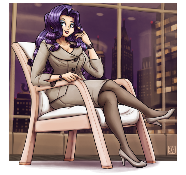 Size: 2125x2000 | Tagged: safe, alternate version, artist:king-kakapo, derpibooru import, part of a set, rarity, human, g4, bracelet, chair, city, clothes, female, high heels, high res, humanized, image, jewelry, looking at you, night, pantyhose, playing with hair, png, shoes, sitting, skirt, skirt suit, skyscraper, solo, suit, window