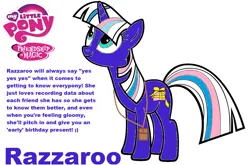 Size: 1020x672 | Tagged: safe, artist:pinkamenarockscute13, derpibooru import, razzaroo, pony, unicorn, g3, g4, bag, female, g3 to g4, generation leap, horn, image, looking up, mare, my little pony logo, png, present, profile, saddle bag, simple background, smiling, text, white background