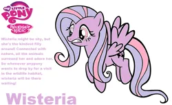 Size: 1048x640 | Tagged: safe, artist:pinkamenarockscute13, derpibooru import, wysteria, pegasus, pony, g3, g4, female, g3 to g4, generation leap, image, mare, my little pony logo, pegasus wysteria, png, profile, race swap, shocked, simple background, spread wings, text, white background, wings