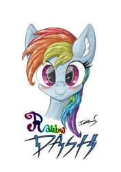 Size: 3508x4961 | Tagged: safe, artist:memprices, derpibooru import, rainbow dash, pegasus, pony, g4, absurd resolution, blushing, bust, colorful, cute, dashabetes, digital art, image, looking at you, pencil drawing, png, simple background, smiling, solo, traditional art, white background