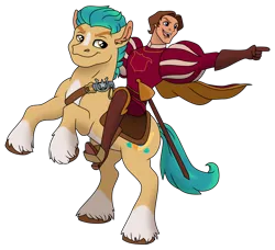 Size: 1024x934 | Tagged: safe, artist:faitheverlasting, derpibooru import, hitch trailblazer, earth pony, human, pony, g5, crossover, disney, enchanted (movie), humans riding ponies, image, james marsden, male, png, prince edward (enchanted), rearing, riding, simple background, stallion, transparent background, voice actor joke