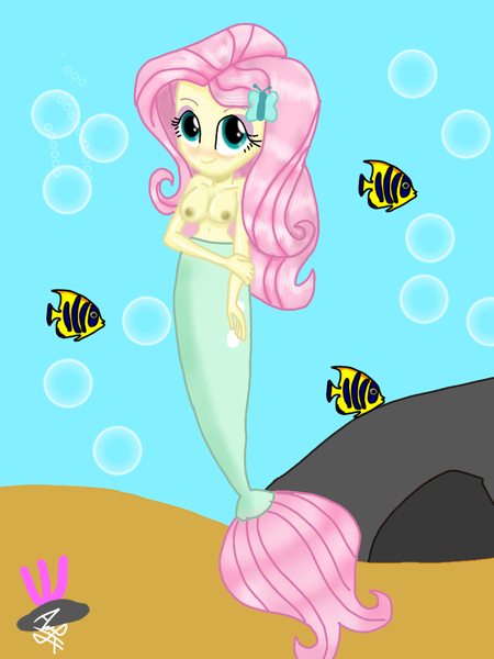 Size: 768x1024 | Tagged: questionable, artist:mazakbar567, derpibooru import, edit, fluttershy, fish, mermaid, equestria girls, g4, breasts, bubble, busty fluttershy, clothes, hair, image, mermaidized, nipples, nudity, partial nudity, png, solo, species swap, topless, underwater, water, watershy