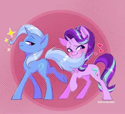 Size: 2627x2386 | Tagged: safe, artist:tomi_ouo, derpibooru import, starlight glimmer, trixie, pony, unicorn, g4, blushing, butt, dock, duo, female, heart, high res, image, jpeg, lesbian, lidded eyes, looking back, plot, raised hoof, seduction, shipping, smiling, smug, stars, startrix, tail, tail seduce, wavy mouth