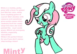 Size: 1032x728 | Tagged: safe, artist:pinkamenarockscute13, derpibooru import, minty, pony, unicorn, g3, g4, female, filly, foal, g3 to g4, generation leap, image, my little pony logo, peppermint, png, profile, race swap, raised hoof, redesign, simple background, smiling, text, unicorn minty, white background