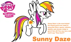 Size: 1128x672 | Tagged: safe, artist:pinkamenarockscute13, derpibooru import, sunny daze (g3), pegasus, pony, g3, g4, female, g3 to g4, generation leap, image, mare, my little pony logo, png, profile, simple background, smiling, spread wings, text, white background, wings