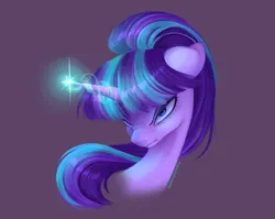 Size: 2371x1884 | Tagged: safe, artist:tomi_ouo, derpibooru import, starlight glimmer, pony, unicorn, g4, bust, female, floppy ears, glow, glowing horn, horn, image, jpeg, kubrick stare, looking at you, mare, nose wrinkle, purple background, s5 starlight, simple background, solo