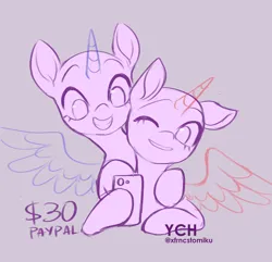 Size: 2243x2160 | Tagged: safe, artist:tomi_ouo, derpibooru import, pony, any race, commission, duo, high res, hoof around neck, hoof hold, image, jpeg, mobile phone, one eye closed, phone, shipping, smartphone, smiling, ych sketch, your character here