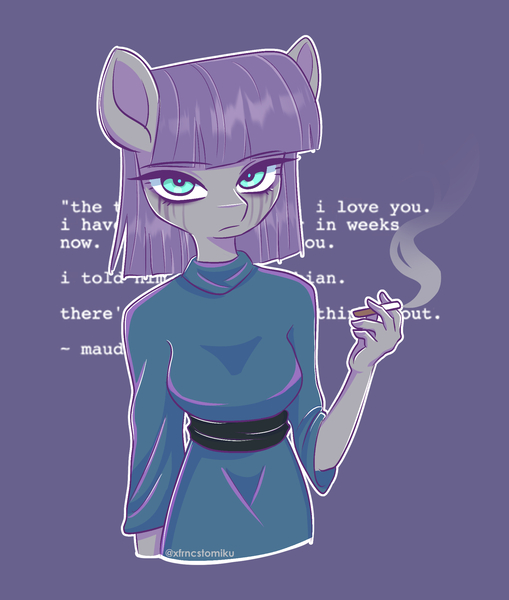 Size: 1832x2160 | Tagged: safe, artist:tomi_ouo, derpibooru import, maud pie, anthro, earth pony, g4, blue background, cigarette, cutiemarks (and the things that bind us), female, image, jpeg, makeup, obscured text, running makeup, simple background, smoke, solo, vylet pony