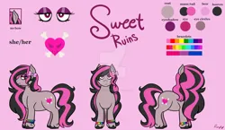 Size: 1920x1117 | Tagged: safe, artist:cherrycandi, derpibooru import, oc, oc:sweet ruins, unofficial characters only, earth pony, pony, bags under eyes, bone, bow, bracelet, deviantart watermark, eyeshadow, female, front view, heart, image, jewelry, jpeg, makeup, obtrusive watermark, ponysona, reference sheet, simple background, solo, unshorn fetlocks, watermark