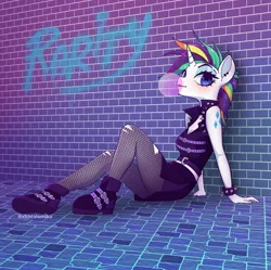 Size: 2169x2160 | Tagged: safe, artist:tomi_ouo, derpibooru import, rarity, anthro, unicorn, g4, alternate hairstyle, bracelet, brick wall, bubblegum, clothes, female, fishnets, food, gum, high res, image, jpeg, punk, raripunk, shoes, skirt, sleeveless, solo, spiked wristband, tomboy, wristband