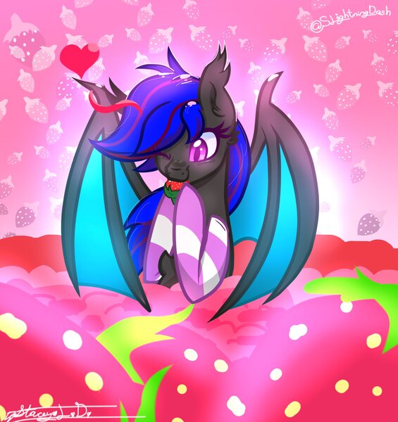 Size: 2633x2796 | Tagged: safe, artist:staceyld636, derpibooru import, oc, oc:ebony rose, unofficial characters only, bat pony, pony, bat pony oc, bat wings, clothes, community related, eating, fangs, female, floating heart, food, heart, herbivore, high res, image, jpeg, mare, nibbling, nom, one eye closed, socks, solo, spread wings, strawberry, striped socks, wings