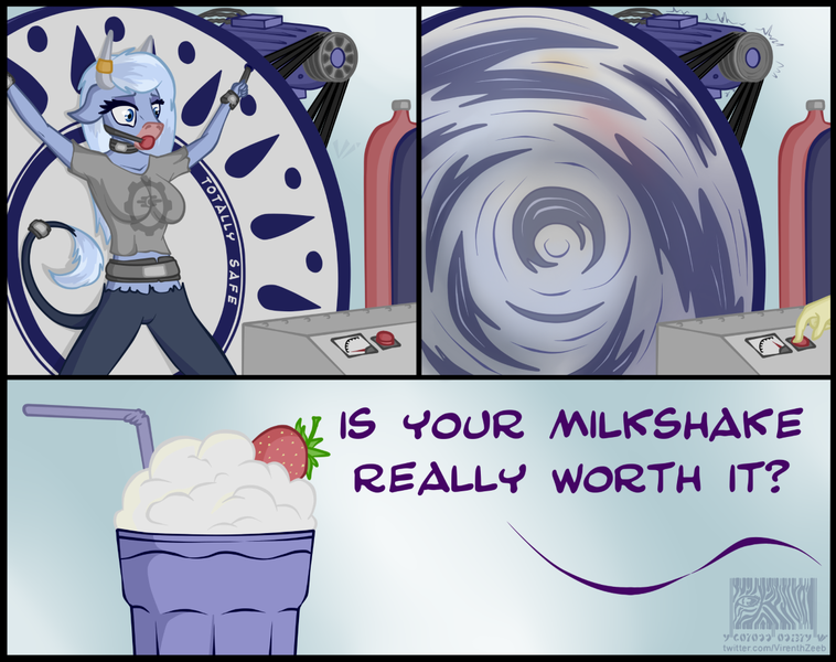 Size: 1200x950 | Tagged: safe, artist:virenth, derpibooru import, oc, oc:hester, unofficial characters only, anthro, minotaur, anthro oc, ballgag, bondage, breasts, comic, female, gag, image, implied breast milk, milkshake, minotaur oc, png, solo