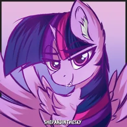 Size: 3000x3000 | Tagged: safe, artist:shepardinthesky, derpibooru import, twilight sparkle, twilight sparkle (alicorn), alicorn, pony, art pack:fangs out!, g4, bust, chest fluff, ear fluff, fangs, fluffy, high res, image, png, smiling, smug, solo, spread wings, wings